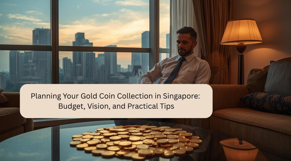 Un uomo in una suite moderna con vista sullo skyline di Singapore, seduto sul divano davanti a un tavolo di vetro con monete d'oro sparse nella calda luce della sera.
