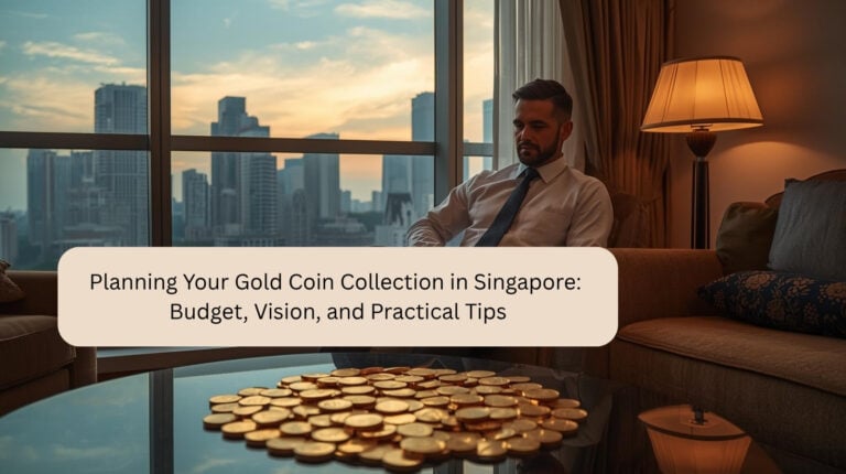 Hombre en una suite moderna con vista al horizonte de Singapur, sentado en el sofá frente a una mesa de vidrio con monedas de oro esparcidas bajo la cálida luz del atardecer.