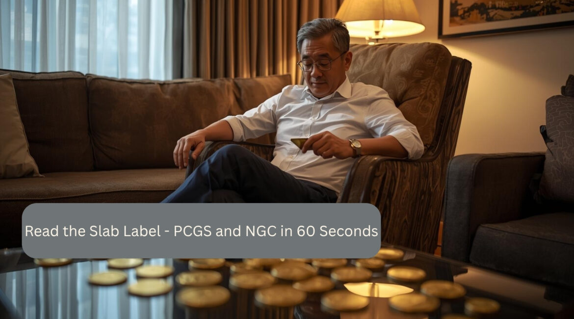 Collector sitting on the sofa and looking at a PCGS/NGC slab, in the foreground golden coins lie on a glass table, warm room lighting, focus on quick label examination