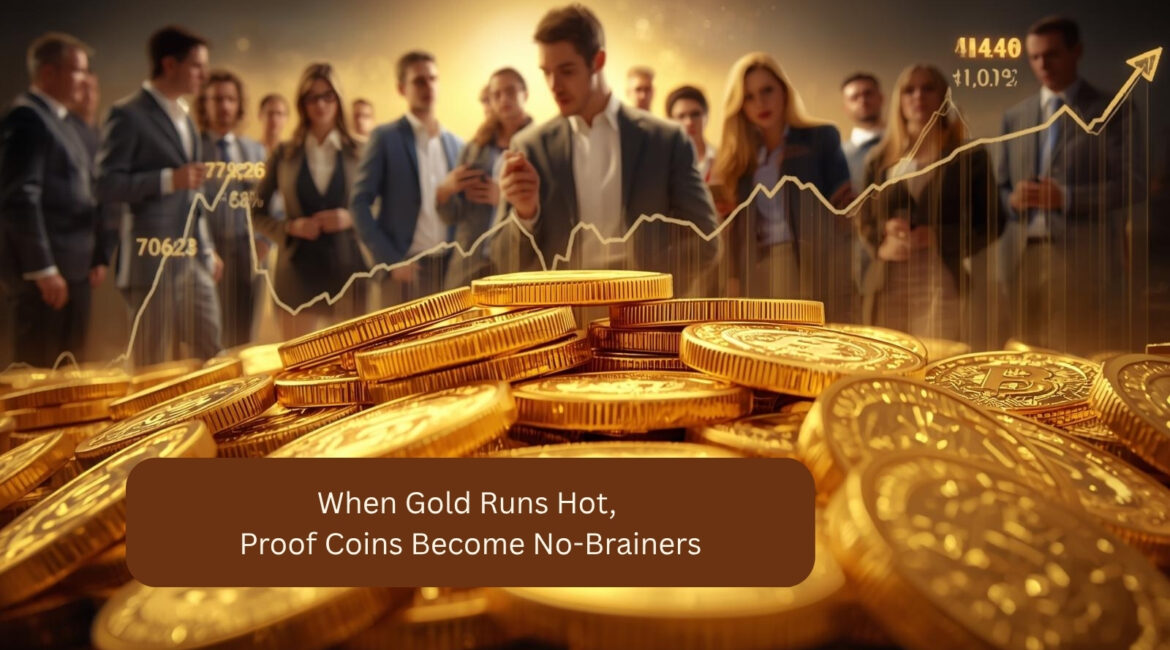 Monete d'oro impilate in primo piano; gruppo sfocato di persone in abiti da lavoro e linea del prezzo in aumento sullo sfondo: immagine simbolica dell'aumento dei prezzi dell'oro.