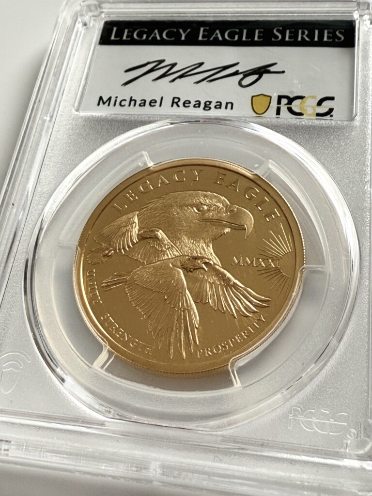 Cook Islands 2021 “Legacy Eagle” – $200 Gold Coin in PCGS Slab, PR70DCAM First Strike, Oblique View with Label