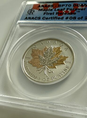 Canada “Maple Leaf Forever” 2016 – 1 oz platino (9995) in supporto ANACS, retro proof, foglie d’acero parzialmente placcate in oro