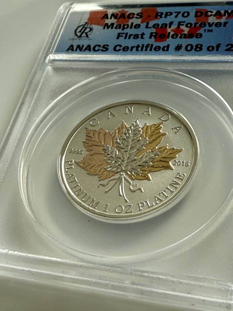 Canada “Maple Leaf Forever” 2016 – 1 oz platinum (9995) in ANACS holder, reverse proof, partially gold-plated maple leaves