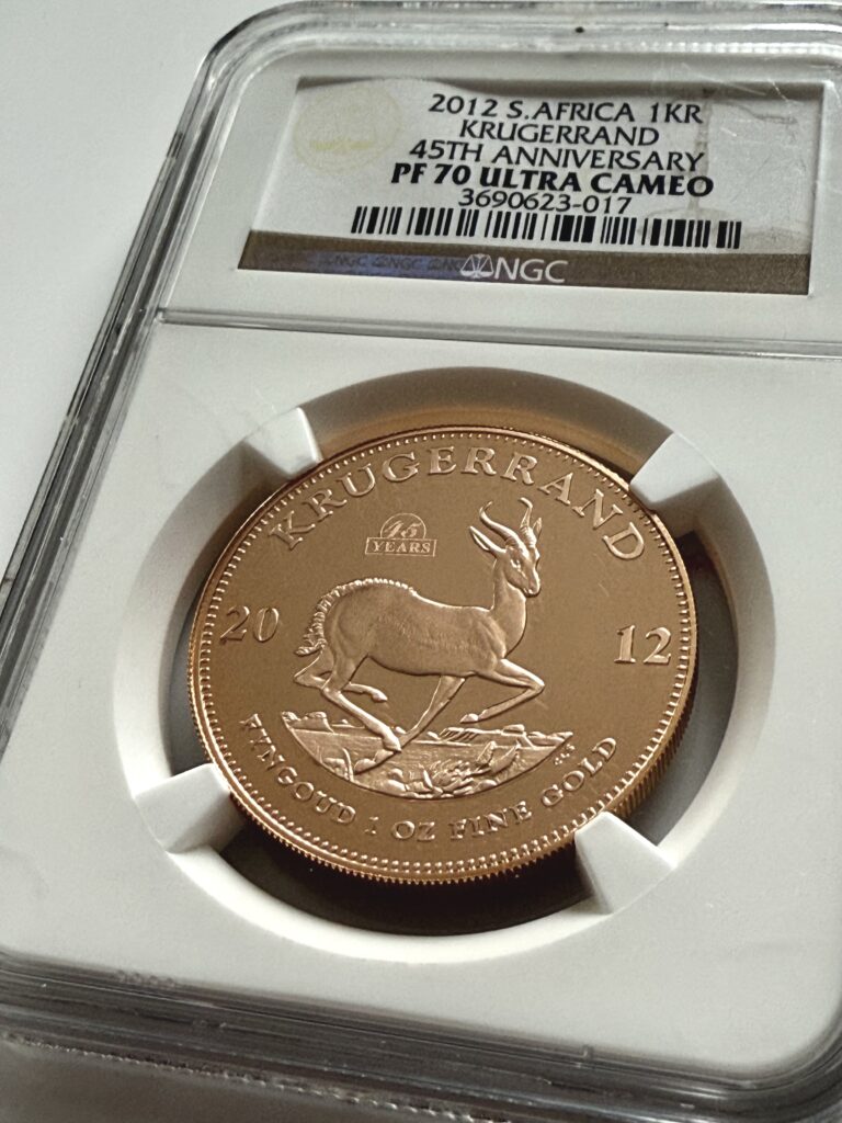 Krugerrand 2012 1 oz Proof Gold with Privy Mark 45 YEARS above the springbok - detailed view in the NGC holder
