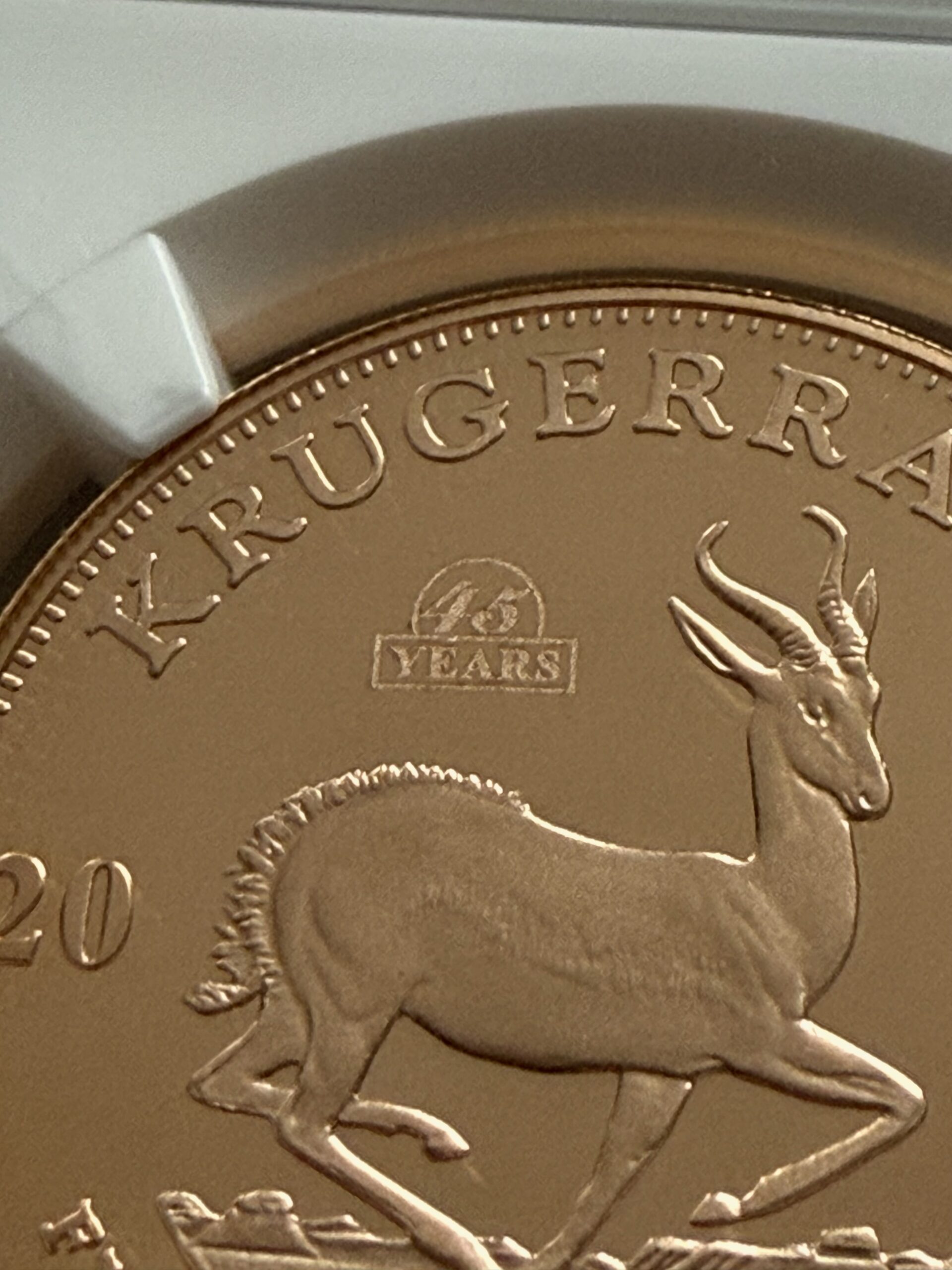 kruegerrand-2012-45-jahre-privy-mark-ngc-pf70-ucam_7 Krugerrand 2012 1 oz de oro de prueba con marca privada 45 AÑOS sobre el antílope saltón: vista detallada en el soporte NGC