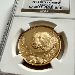 南非，2002年Natura Gepard 1盎司金999.9精铸 – 刻有“1 OZ Au 999.9”字样和NATURA的细节 – NGC封套PF69 UCAM币