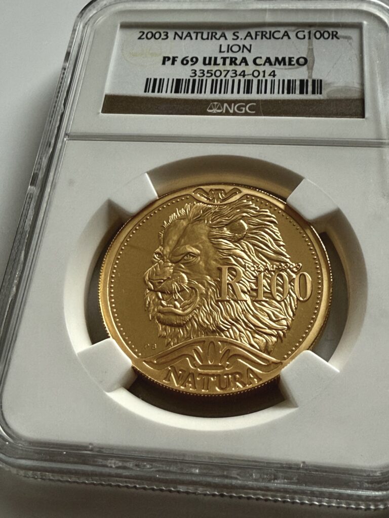 South Africa 2003 Natura Lion 1 oz Proof Gold with Privy Mark Lion Park RSA - Detail view in NGC holder