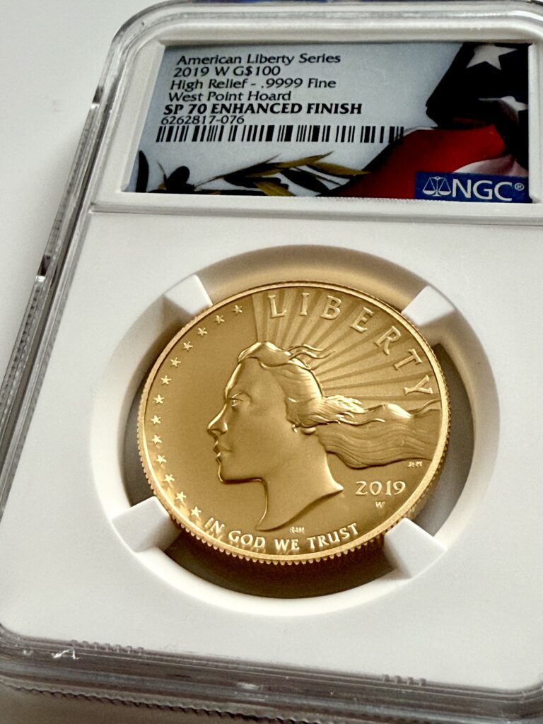 American Liberty 2019 1 oz Gold $100 High Relief - Reverse with eagle in flight - NGC-Slab Detail