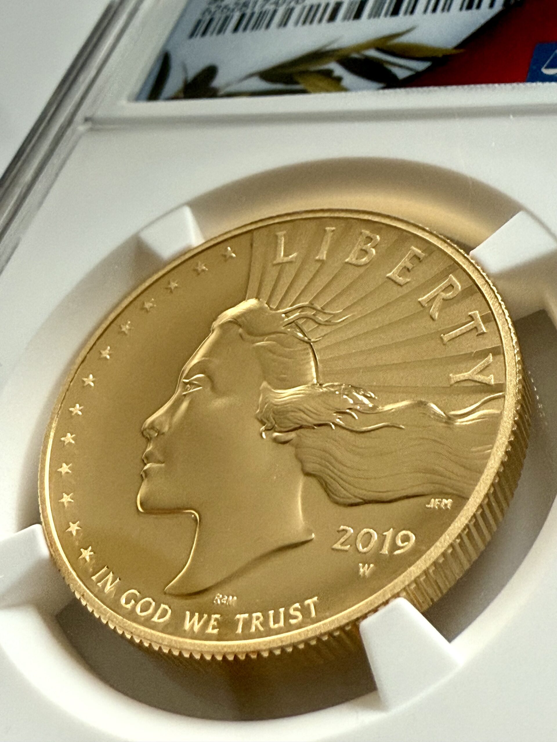 États-Unis 2019 American Liberty Haut-relief Westpoint NGC SP70 Amélioré 5 American Liberty 2019 1 oz Gold $100 High Relief - Rückseite mit Adler im Flug - NGC-Slab Detail