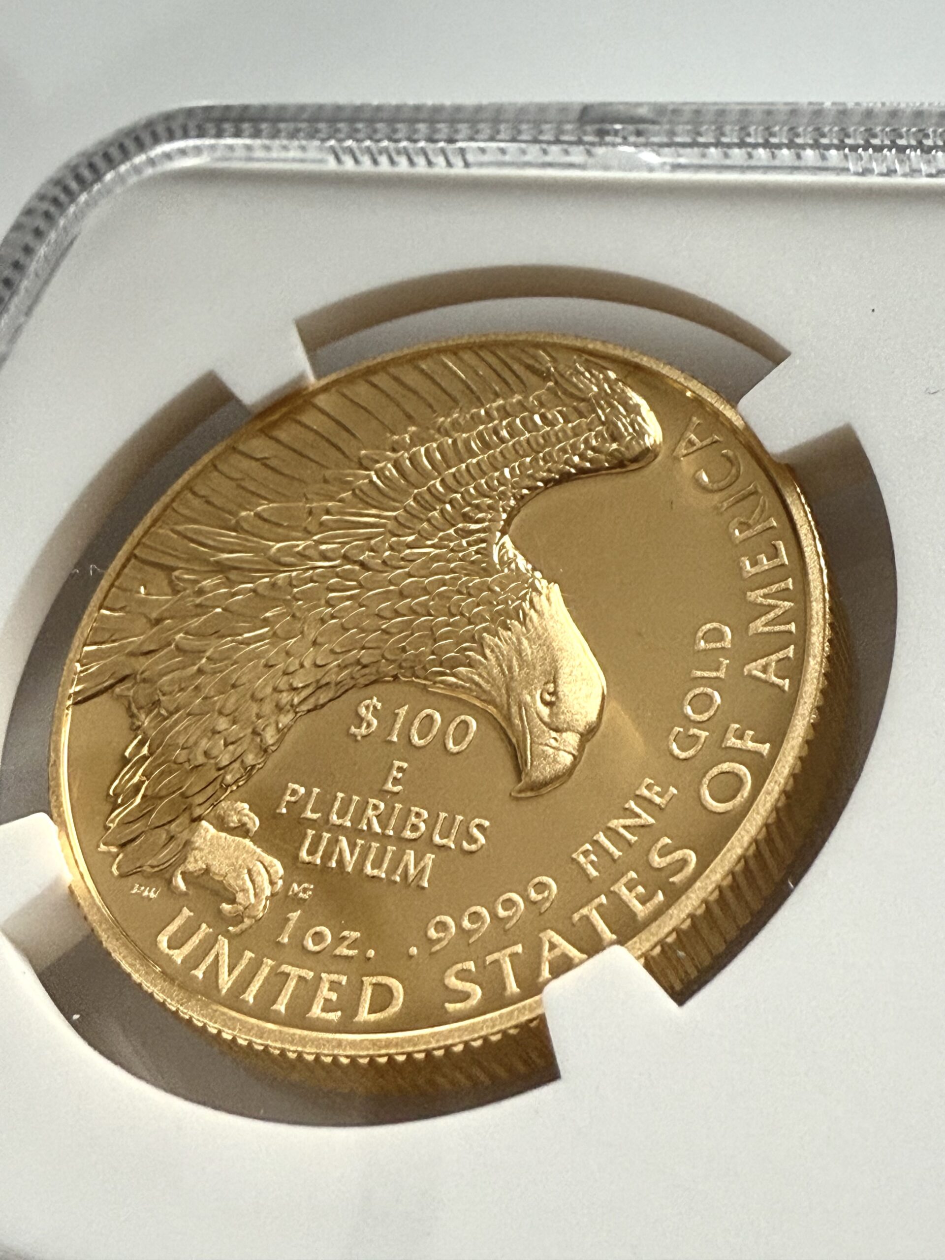États-Unis 2019 American Liberty Haut-relief Westpoint NGC SP70 Amélioré 6 American Liberty 2019 1 oz Gold $100 High Relief - Rückseite mit Adler im Flug - NGC-Slab Detail