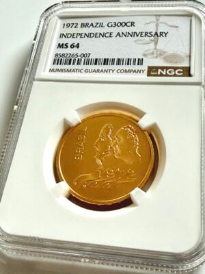 Brasilien 1972 300 Cruzeiros Gold Independence Anniversary im NGC-Holder MS64 mit Doppelporträt, Cert 8582265-007