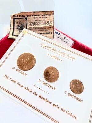 Guatemala 1926 Gold Quetzales Set 20 10 5 in white presentation holder with motto "The Land from which the Rainbow gets its Color"