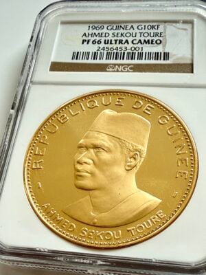 1969年几内亚 10000法郎 金币 艾哈迈德·塞库·图雷 NGC PF 66 Ultra 卡梅奥 佩戴