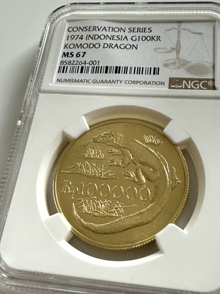 Indonesia 1974 100,000 Rupiah Gold Komodo Dragon from the Conservation Series in NGC Holder MS67, Cert 8582264-001
