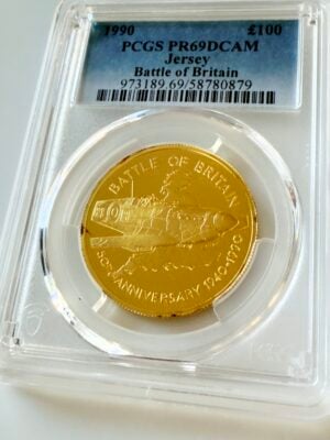 泽西 1990年 100英镑不列颠之战 1盎司金质精制 PCGS PR69DCAM透明支架