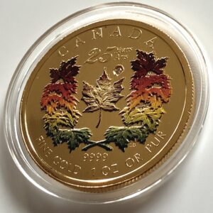 Kanada 2004 1 oz Goldmünze Maple Leaf 25 Years mit farbigen Ahornblättern und eingelassenem Diamanten auf schwarzem Handschuh