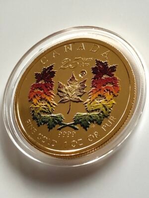 加拿大 2004年1盎司枫叶25周年金币，带彩色枫叶和镶钻，黑手套