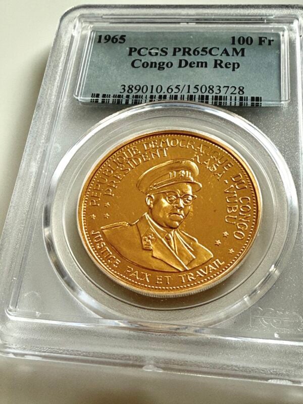 Kongo Demokratische Republik 1965 100 Francs Goldmünze Präsident J. Kasa-Vubu PCGS PR65CAM im Halter