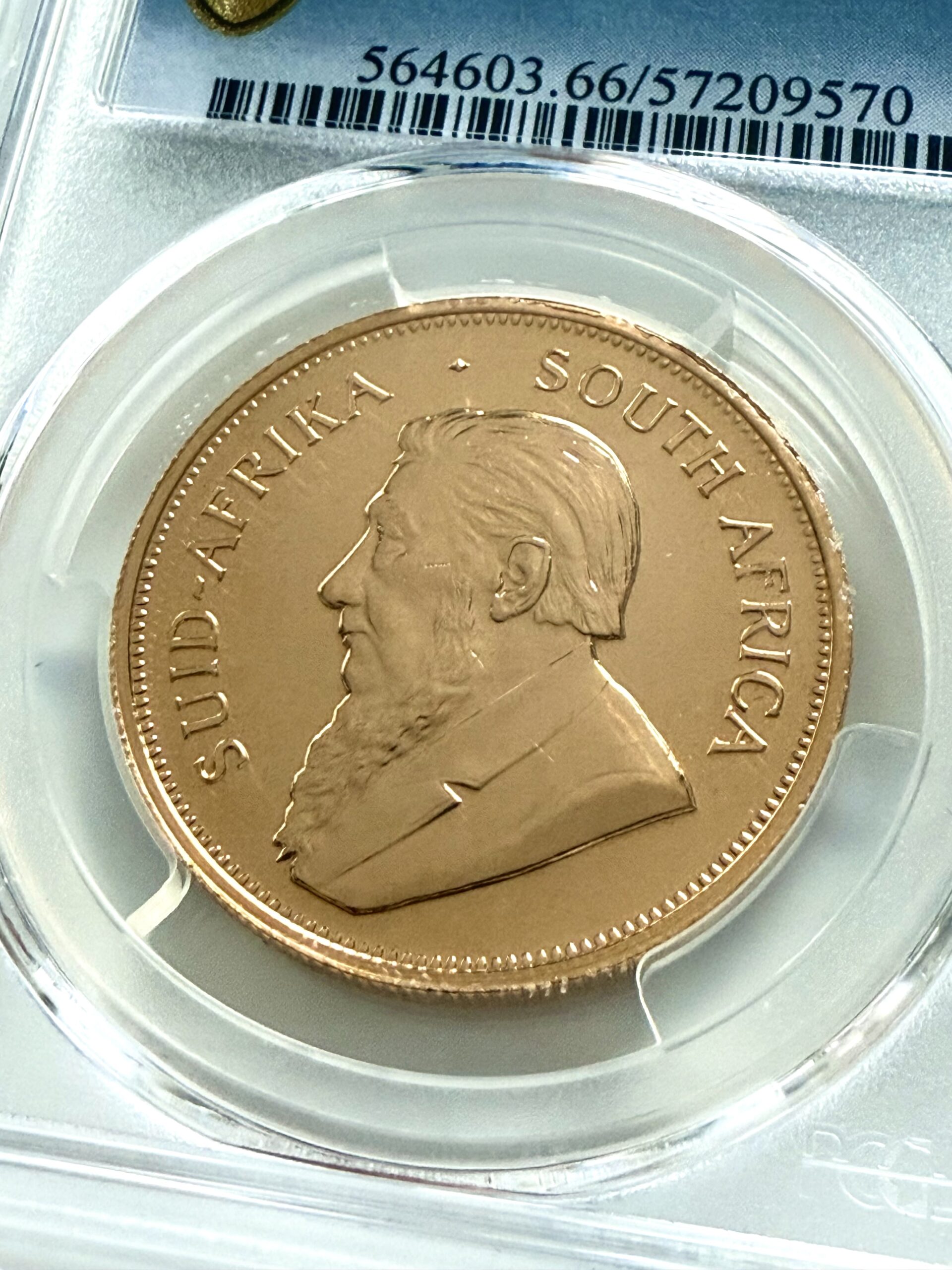 kruegerrand-1967-1oz-pcgs-pl66_5 PCGS zertifizierter Krügerrand 1967 zu 1 oz Gold, Einstufung PL66, Vorderseite im Original PCGS Holder.