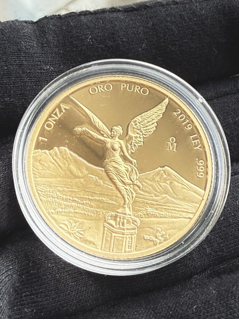 Moneta d'oro Messico 2019 da 1 Onza Libertad con la dea della vittoria in una capsula trasparente