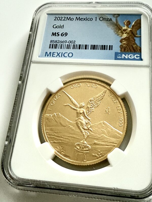 Mexiko 2022 Gold Libertad 1 Onza im NGC-Holder MS69 mit blauem Mexico-Label, Mo-Münzzeichen, Cert 8582669-002