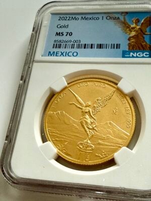 Mexiko 2022 Gold Libertad 1 Onza im NGC-Holder MS70 mit blauem Mexico-Label und Mo-Münzzeichen, Revers mit Victoria vor Vulkanen, Cert 8582669-003