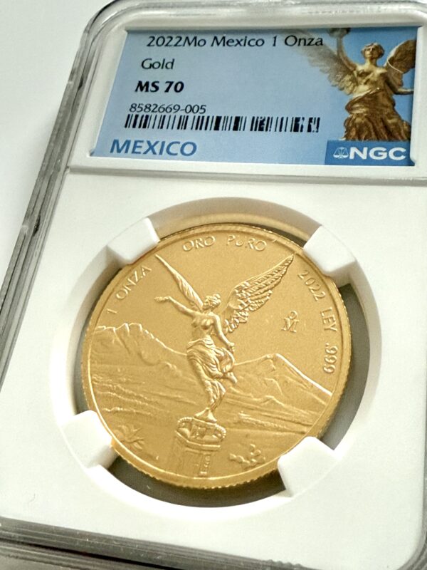 Mexiko 2022 Gold Libertad 1 Onza im NGC-Holder MS70 mit blauem Mexico-Label und Mo-Münzzeichen, Revers mit Victoria vor Vulkanen, Cert 8582669-005