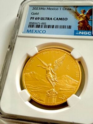 墨西哥2023金自由1号Onza Proof PF69 Ultra Cameo,佩戴NGC支架,蓝色墨西哥标签和Mo Mintmark,维多利亚州,火山前,证书8582671-002