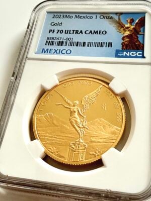 墨西哥2023金Libertad 1 Onza Proof PF70 Ultra Cameo,佩戴NGC护套,蓝色墨西哥标签和Mo Mintmark,证书8582671-001