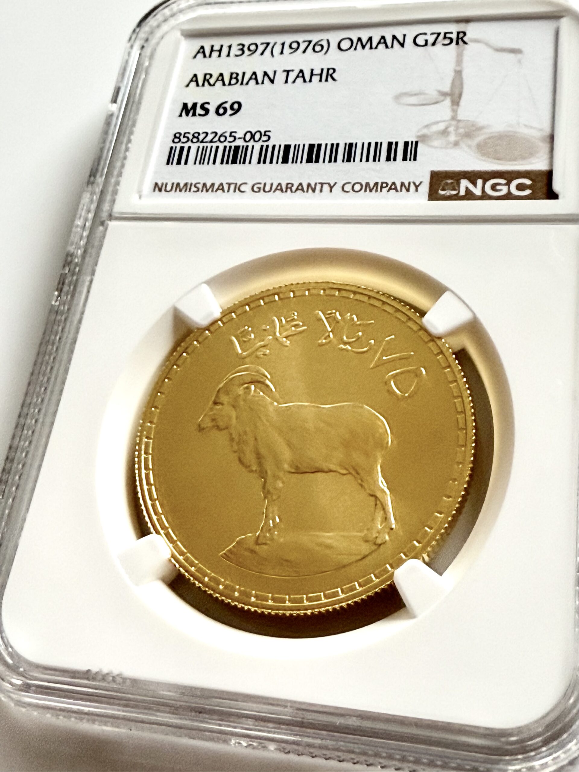 oman-1977-75-rials-arabian-tahr-gold-ngc-ms69_1 Oman AH1397 (1976) 75 Rials Gold Arabian Tahr from the Conservation Series in NGC-Holder MS69, Cert 8582265-005