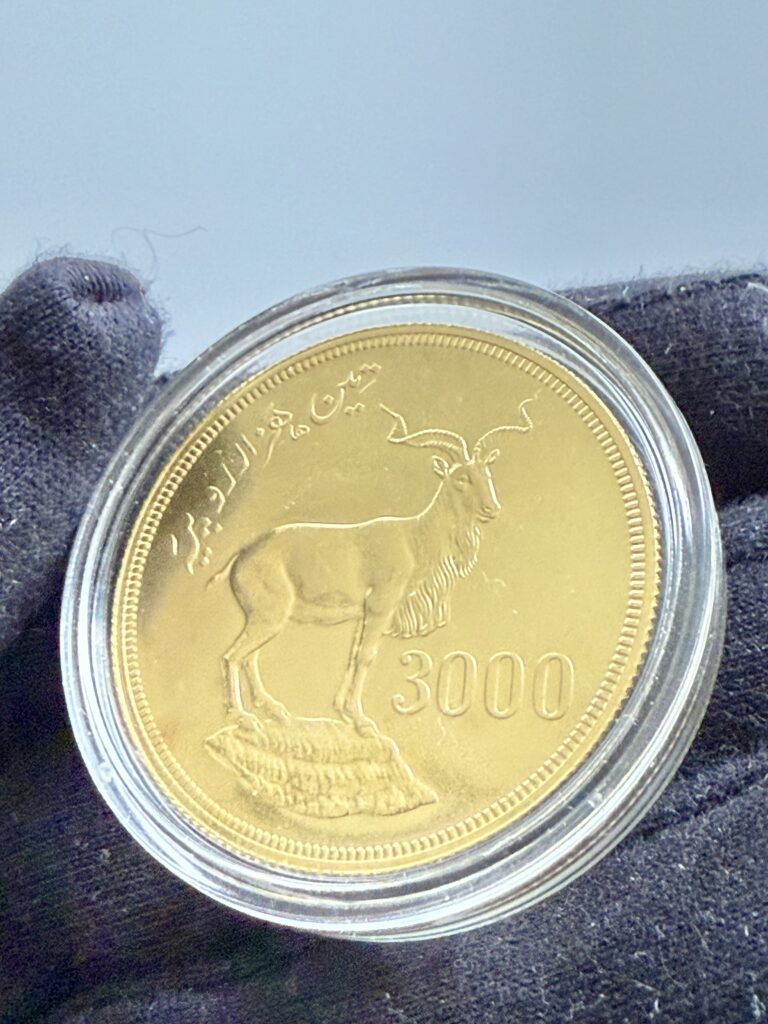 Pakistan 1976 3000 Rupees Gold Astor Markhor – Avers mit Minar-e-Pakistan, Halbmond und Stern in transparenter Kapsel
