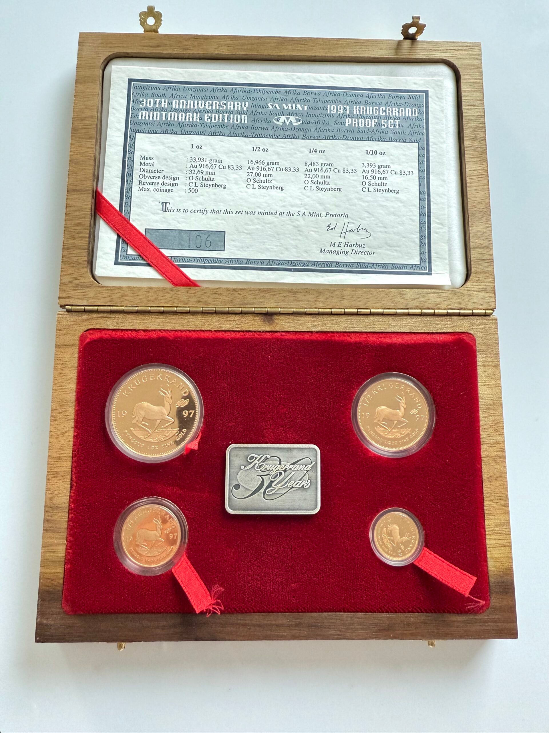 South Africa 1997 Krugerrand 30th Anniversary Prestige Set with four gold coins and certificate in a wooden box