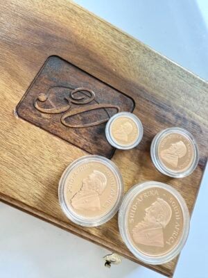 South Africa 1997 Krugerrand 30th Anniversary Prestige Set 4 South Africa 1997 Krugerrand 30th Anniversary Prestige Set with four gold coins and certificate in a wooden box