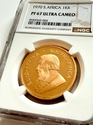 南非1970年克鲁格1盎司金质精制品,NGC护套PF67超浮雕,正面附保罗·克鲁格肖像,证书8583569-004