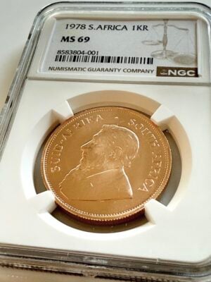 South Africa 1978 Krugerrand 1 oz Gold in NGC holder MS69, obverse with portrait of Paul Kruger, Cert 8583804-001