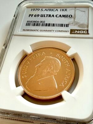 南非1979年克鲁格兰1盎司金质精制品,NGC护套PF69 Ultra Cameo,正面附保罗·克鲁格肖像,证书8583804-002