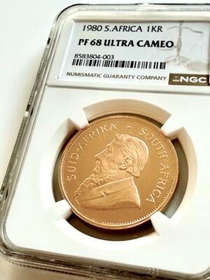 Krugerrand del Sud Africa del 1980 da 1 oz in oro Proof in custodia NGC PF68 Ultra Cameo, dritto con ritratto di Paul Kruger, Cert. 8583804-003