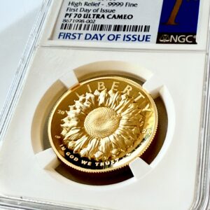 Pièce de 100 dollars américains «&nbsp;American Liberty&nbsp;» de 2025, haut relief, en or, qualité Belle Épreuve, certifiée NGC PF70 Ultra Cameo, premier jour d'émission, sous capsule.