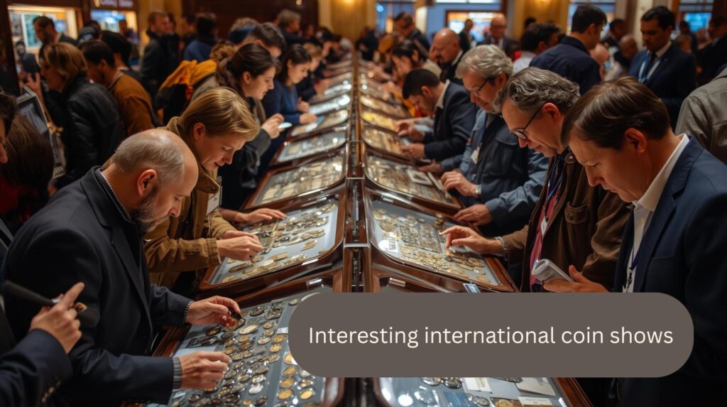 Los coleccionistas y comerciantes examinan atentamente las monedas de oro y plata expuestas en largas vitrinas de cristal en una concurrida feria internacional de monedas.