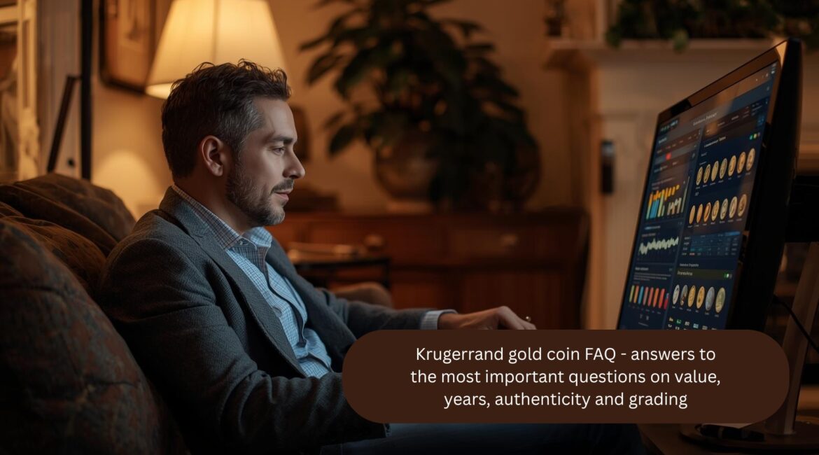 Münzsammler sitzt abends im Wohnzimmer vor einem großen Monitor und recherchiert online Krügerrand Goldmünzen mit Kursgrafiken, Statistiken und Detailansichten zu Jahrgängen, Wert, Echtheit und Grading