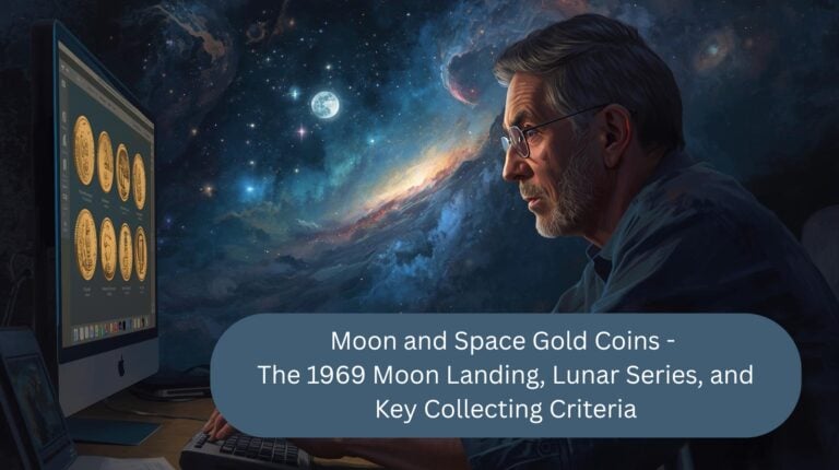 Illustrazione di un collezionista al computer davanti a un cielo stellato. Sul monitor sono visibili diverse monete d'oro e una sovrapposizione del titolo recita: "Monete d'oro della Luna e dello Spazio - L'allunaggio del 1969, la serie Lunare e i principali criteri di raccolta". 