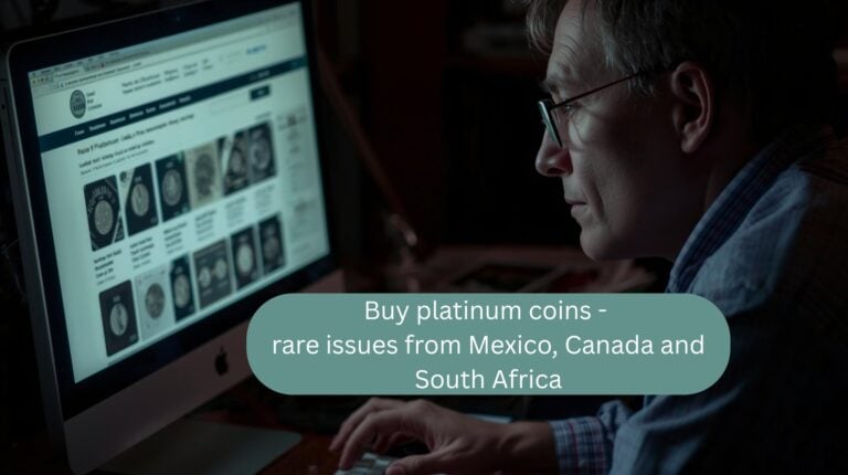 A collector researches rare platinum coins from Mexico, Canada, and South Africa online at Wasserthal RareCoin.Store.