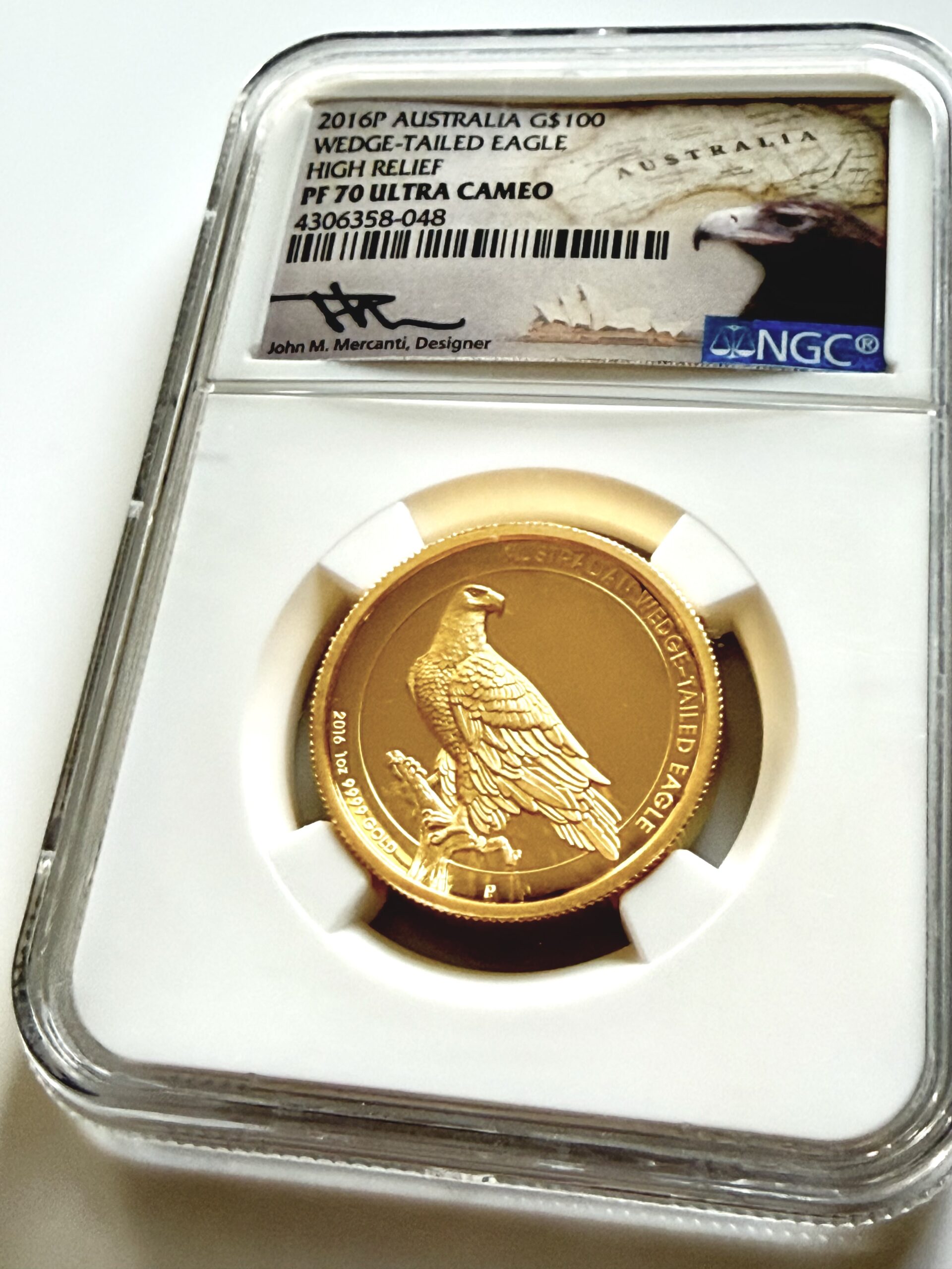 Australien 2016 100 Dollar Wedge Tailed Eagle 1 oz Gold Proof High Relief im NGC Holder PF70 Ultra Cameo mit John Mercanti Signed Label