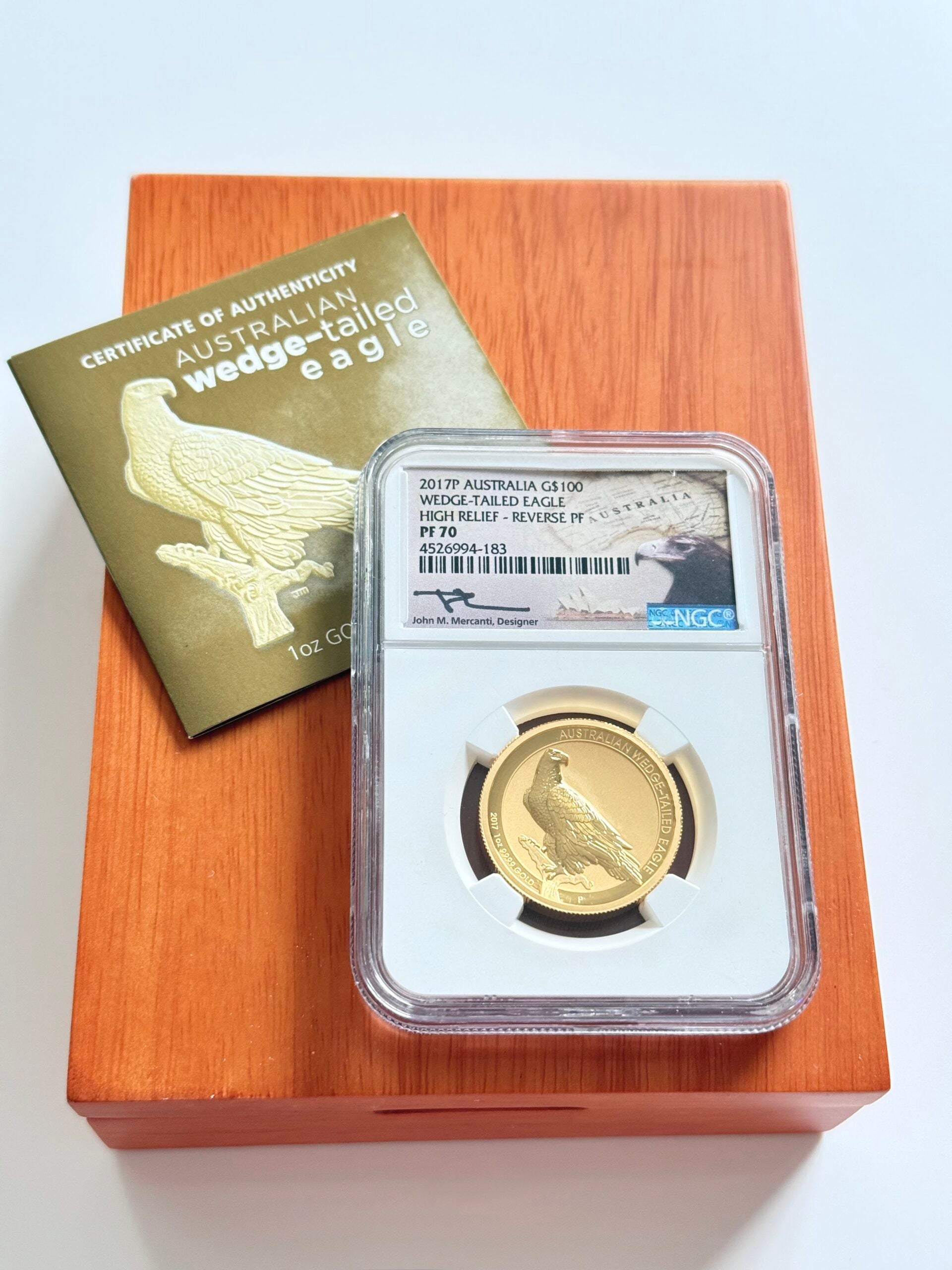 2017 Australia $100 Wedge-Tailed Eagle 1 oz Gold High Relief Reverse Proof – NGC PF70 with case and Certificate of Authenticity
