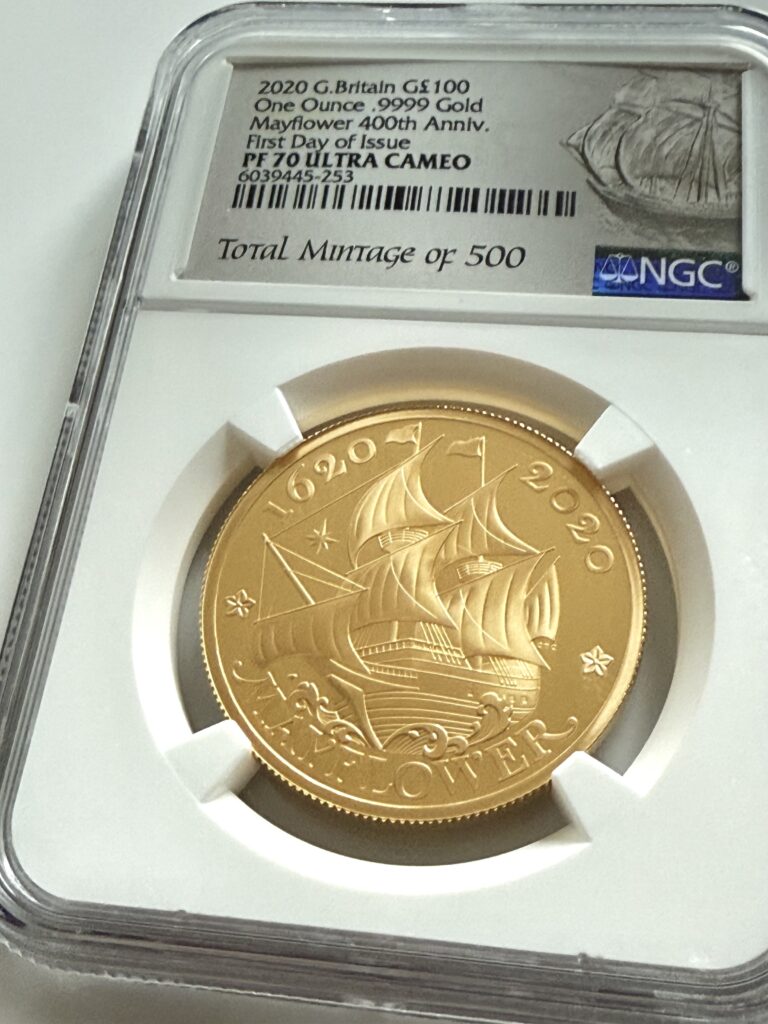 Gran Bretagna 2020 100 sterline Mayflower 400° anniversario 1 oz oro Proof NGC PF70 Ultra Cameo primo giorno di emissione in supporto NGC