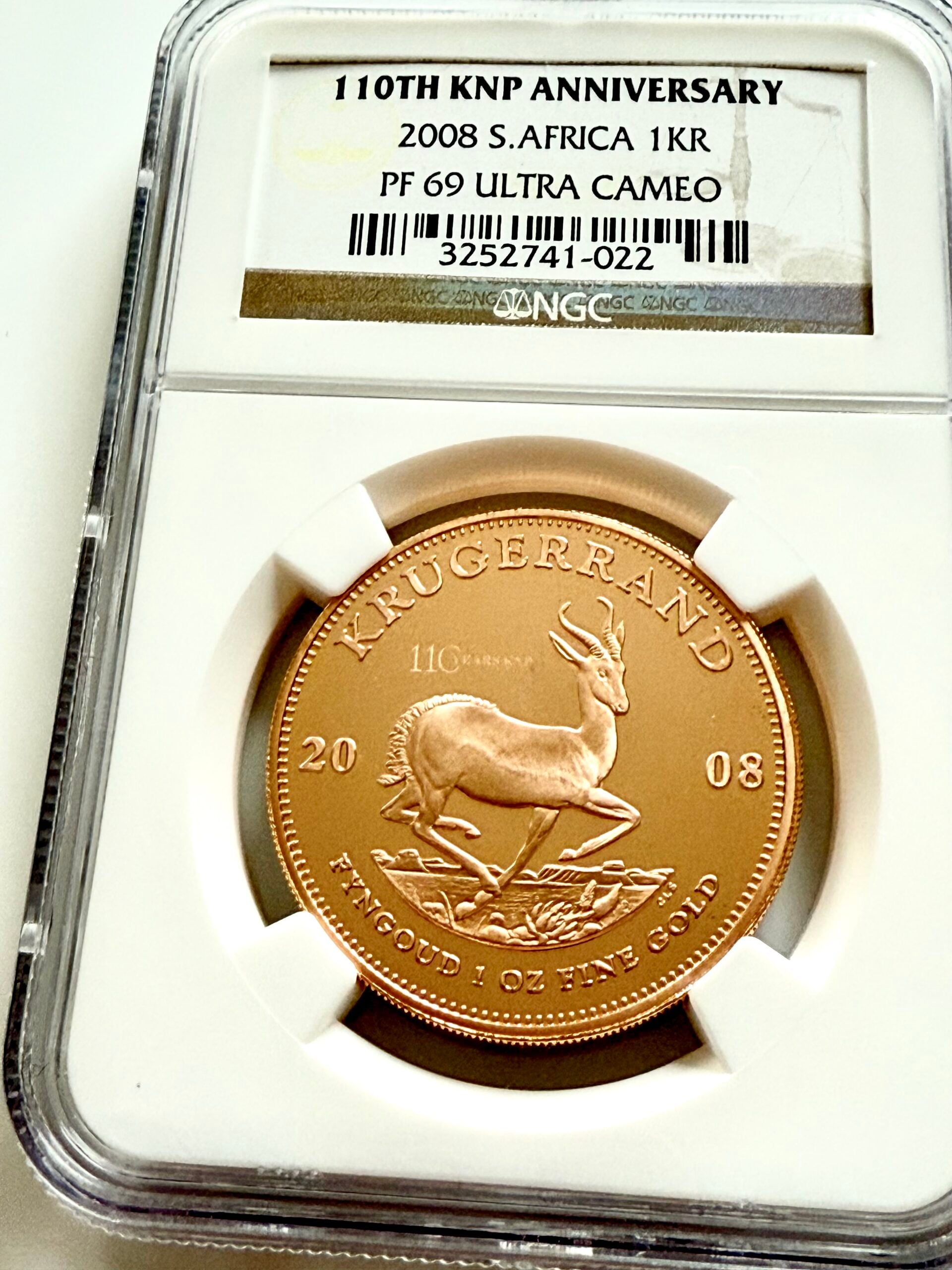 Südafrika 2008 1 oz Gold Krugerrand 110th KNP Anniversary Proof NGC PF69 Ultra Cameo im NGC Holder mit Springbock Motiv