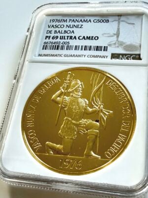 Panama 1976 500 Balboas Vasco Nunez de Balboa Pièce d'or Belle Épreuve sous étui NGC PF69 Ultra Cameo