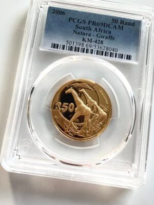 Sudafrica 2006 Natura Giraffe 50 Rand 1-2 oz Gold Proof in PCGS Holder PR69DCAM con due giraffe che camminano