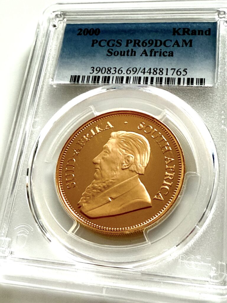 Sudafrica 2000 1 oz Krugerrand Gold Proof PCGS PR69DCAM in custodia PCGS trasparente con ritratto di Kruger