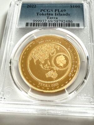 Tokelau 2022 100 Dollar Terra 1 oz Gold Prooflike PCGS PL69 im PCGS Holder mit Weltkarten Motiv